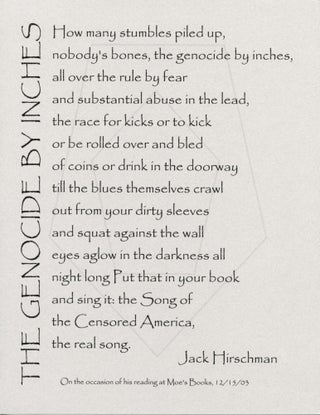 Item #4664 The Genocide by Inches. Jack Hirschman